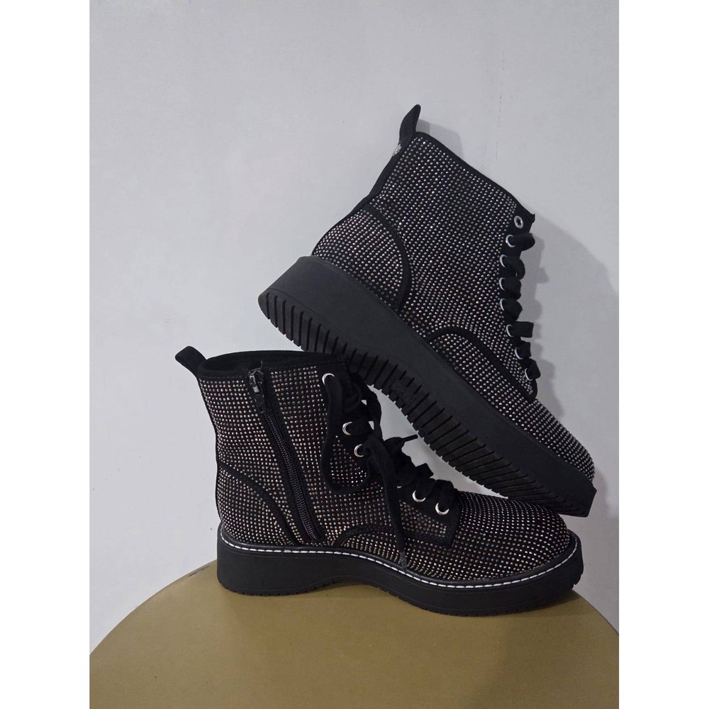 Madden NYC Black Rhinestone Combat Boots Platform Lug Sole WMMN42AM711 Womens 8